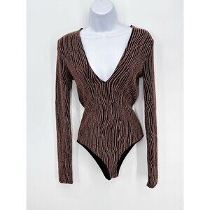 Gold  Printed Mesh Vintage‎ Y2K Paper Tag Bodysuit Long Sleeves